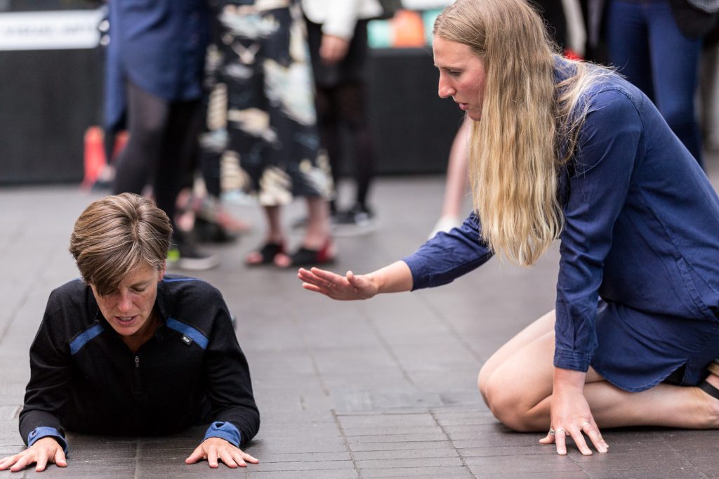 Manual, a performance by Siobhan Davies and Helka Kaski, activated by Andrea Buckley. Performed as part of Figuration of Place: many full less still, an evening of screenings by Keira Greene and performance by Siobhan Davies (July 2016); one of four Jerwood Staging Series events, supported by Jerwood Charitable Foundation. Image: Hydar Dewachi