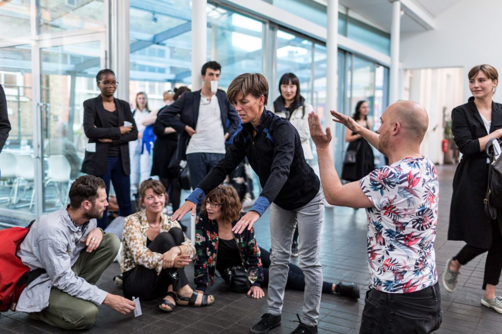 Manual, a performance by Siobhan Davies and Helka Kaski, activated by Andrea Buckley. Performed as part of Figuration of Place: many full less still, an evening of screenings by Keira Greene and performance by Siobhan Davies (July 2016); one of four Jerwood Staging Series events, supported by Jerwood Charitable Foundation. Image: Hydar Dewachi