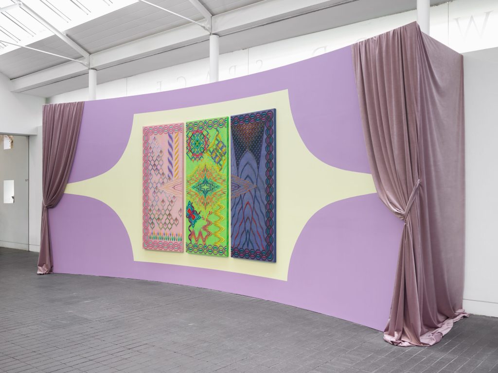 Cecilia Charlton, Eternal myth and the poetry of the cosmos [fate, future, suture] (triptych), 2021. Commissioned for Jerwood Art Fund Makers Open. Installation view at Jerwood Space. Photo: Anna Arca.