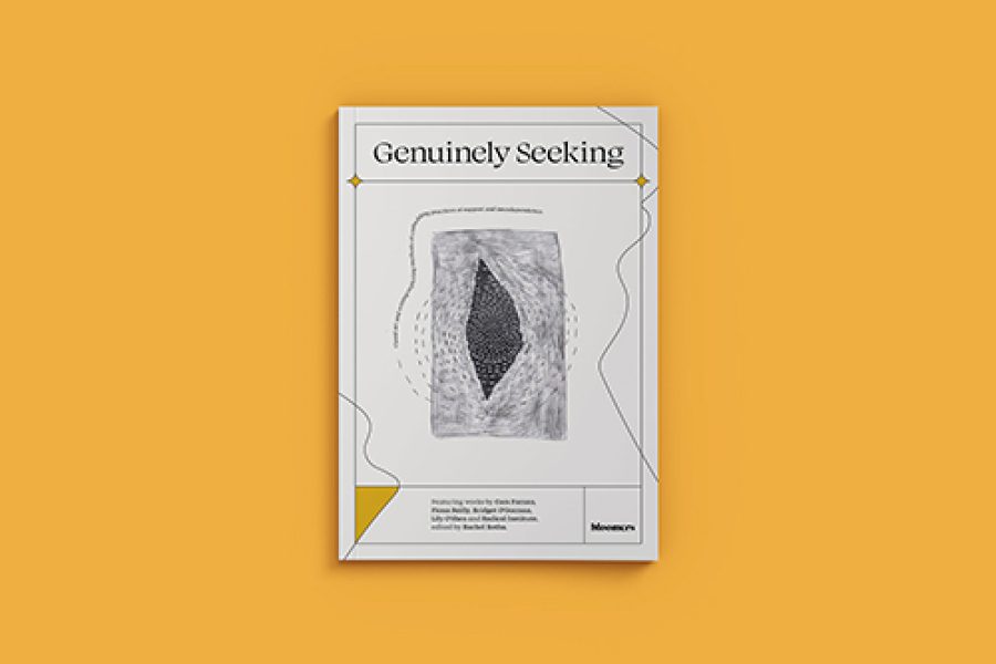 Photo of a white book titled Genuinely Seeking by Rachel Botha on an orange background